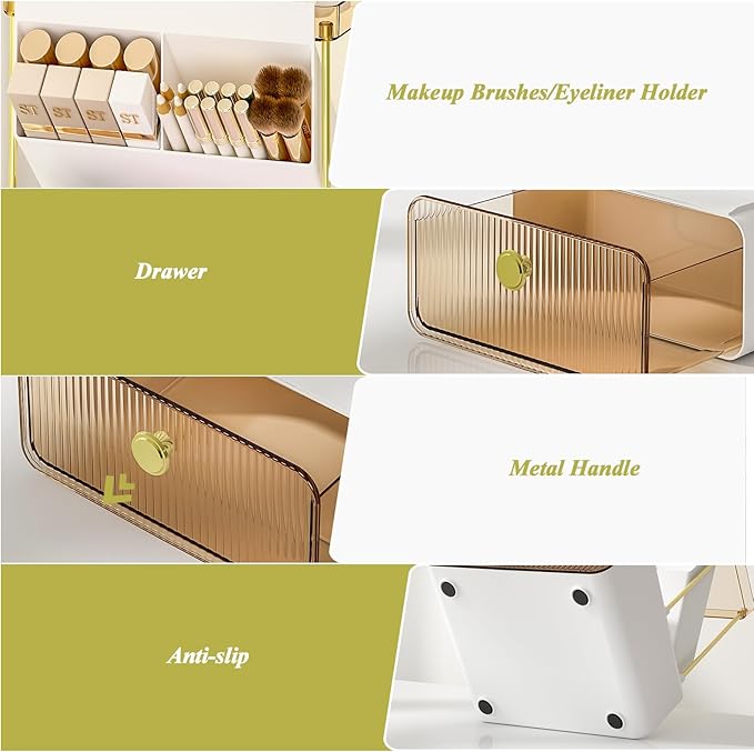 FOLLOWIN 3 Tiers Makeup Organizer with Drawer, Cosmetic Display with Lipsticks Brush Holder, Cosmetics and Beauty Supplies Organizers for Vanity, Dresser, Bathroom Desktop Countertop Organizer, Amber