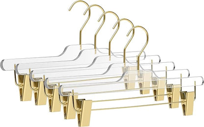 Quality Hangers Lucite Acrylic Clear Skirt Pants Trousers Bottom Hangers - 5-Pack with Adjustable Metal Matte Gold Clips - Made of Clear Acrylic for a Luxurious Look and Feel with Swivel Hook