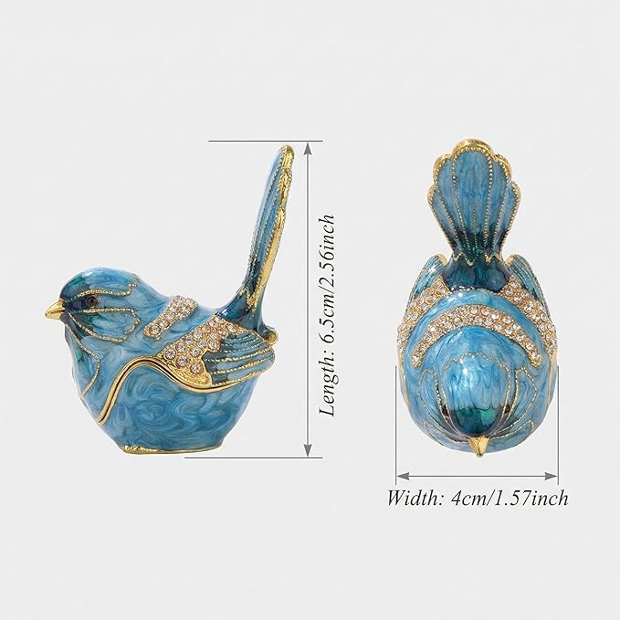 Blue Bird Trinket Box with Hinged Lid, Enamel Alloy Bird Figurines Jewelry Organizer, Hand Painted Bird Decor for Home Ring Holder Gift