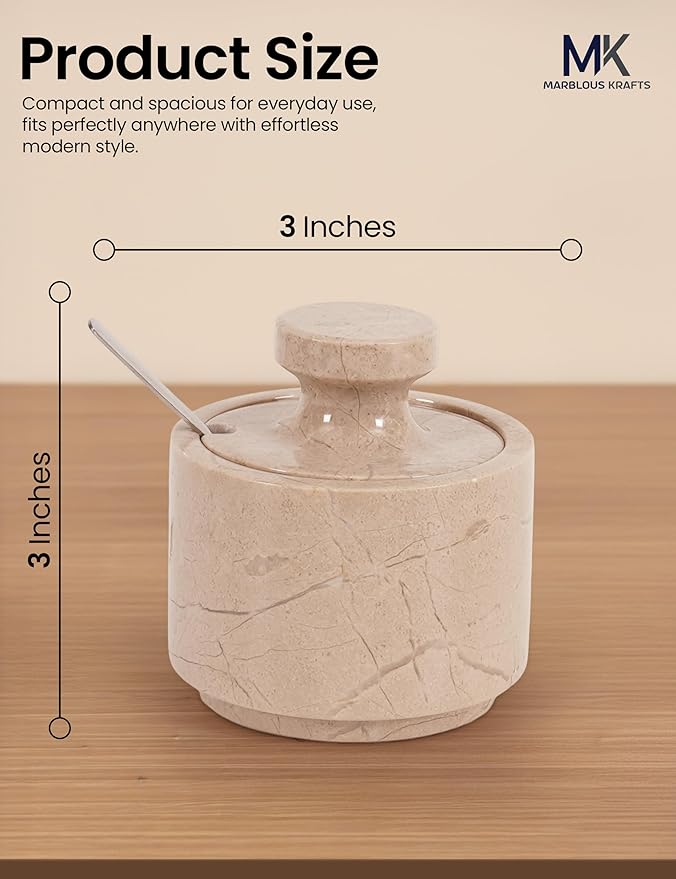 MARBLOUS KRAFTS Marble Salt Cellar 3" Inch Verona Stone Salt Container for Gift for Mom, Ideal Set of 2 Coffee Storage Container Kitchen Countertop, Candy Jars with Lids and Spoons, Spice Storage