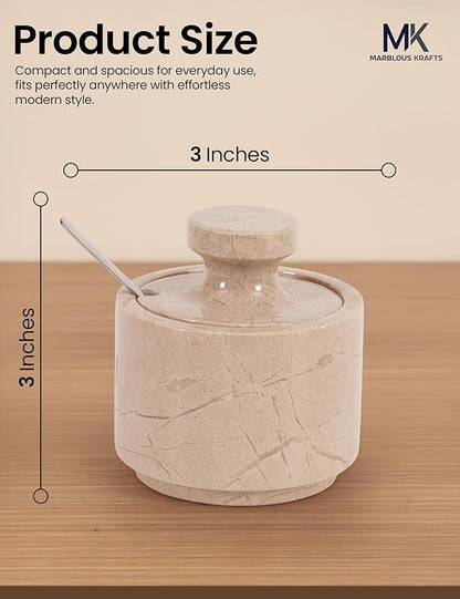 MARBLOUS KRAFTS Marble Salt Cellar 3" Inch Verona Stone Salt Container for Gift for Mom, Ideal Set of 2 Coffee Storage Container Kitchen Countertop, Candy Jars with Lids and Spoons, Spice Storage