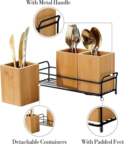 Garvee Bamboo Utensil Holder, Wood Cutlery Holder Silverware Caddy with 3 Detachable Compartments & Handles, Flatware Caddy Fork Spoon Knife Organizer for Kitchen Countertop Party