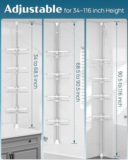 SEIRIONE Rustproof Shower Corner Caddy Organizer for Bathroom, 4 Adjustable Shelves with Tension Pole, for Bathtub Shampoo Accessories Storage Holder, 34 to 116 Inch Height, Silver