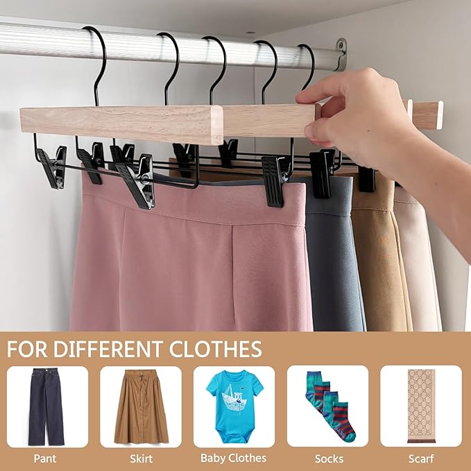 Nature Smile Deluxe Wooden Pants Hangers,Solid Rubber Wood Jeans Skirt Hanger Without Painting,with Adjustable Black Clips and Rotatable Hook,Pack of 20(Natural Unvarnished)