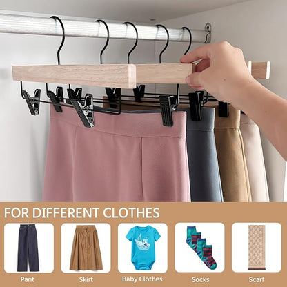 Nature Smile Deluxe Wooden Pants Hangers,Solid Rubber Wood Jeans Skirt Hanger Without Painting,with Adjustable Black Clips and Rotatable Hook,Pack of 20(Natural Unvarnished)