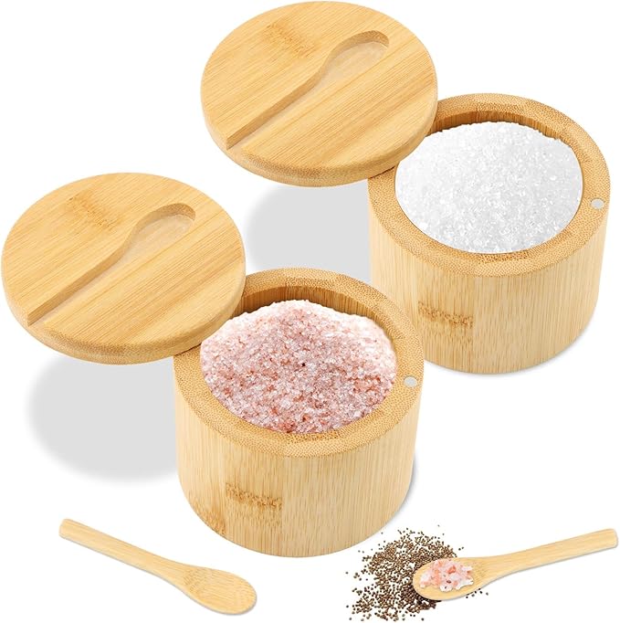 2Pcs Bamboo Salt Cellar with Magnetic Swivel Lid & Spoon, 6 oz Spice Bowl Bamboo Storage Box Salt Container to Storage Pepper, Table Salt, Gourmet Salts, Spice, Sugar(SIZE:6 oz)