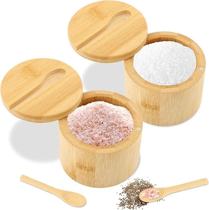 2Pcs Bamboo Salt Cellar with Magnetic Swivel Lid & Spoon, 6 oz Spice Bowl Bamboo Storage Box Salt Container to Storage Pepper, Table Salt, Gourmet Salts, Spice, Sugar(SIZE:6 oz)