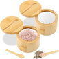 2Pcs Bamboo Salt Cellar with Magnetic Swivel Lid & Spoon, 6 oz Spice Bowl Bamboo Storage Box Salt Container to Storage Pepper, Table Salt, Gourmet Salts, Spice, Sugar(SIZE:6 oz)