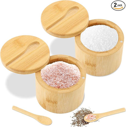 2Pcs Bamboo Salt and Pepper Bowls, Bamboo Salt Cellar Spice Box with Magnetic Swivel Lids and Spoons, Seasoning Containers for Salt, Pepper, Sugar, Spice