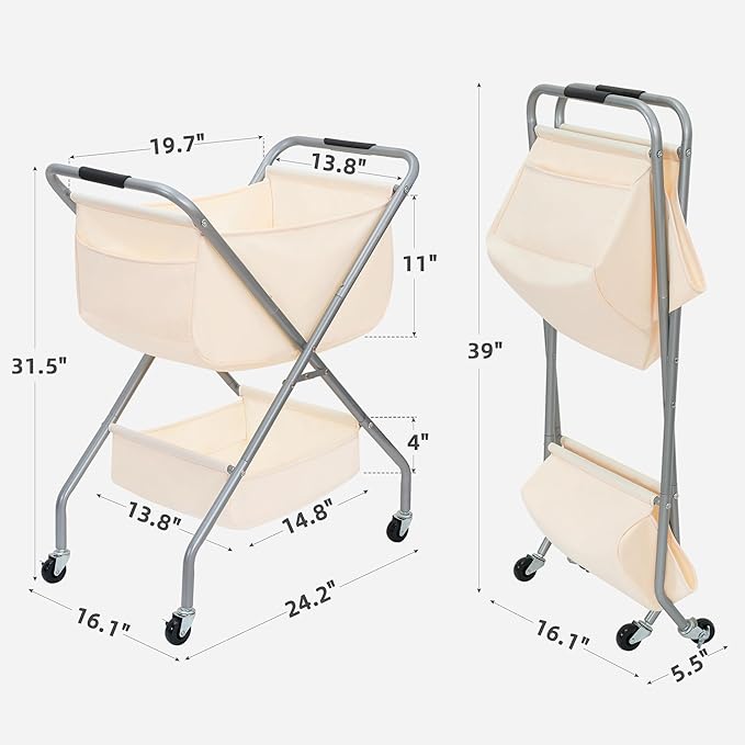 STORAGE MANIAC Collapsible Laundry Cart with Wheels 31.5"H Rolling Laundry Hamper Clothes Basket with Wheels, Canvas Liner Sturdy Steel Frame Folding for Small Narrow Space Easy Storage, Beige