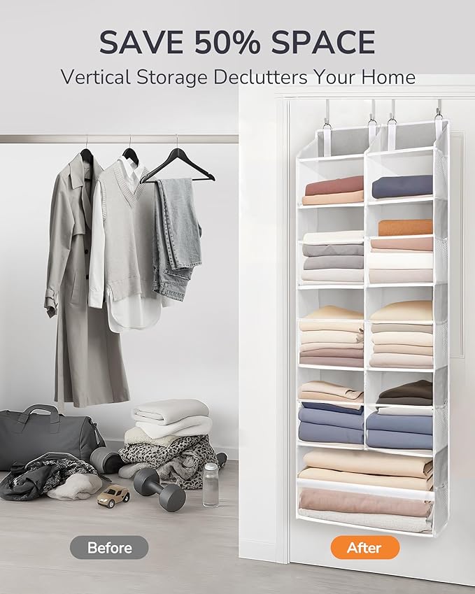 ULG Over the Door Organizer, 5-Tier Extra Large Hanging Storage with 10 Mesh Pockets, 100 lbs Capacity, Heavy Duty Door Organizer for Closet, Bedroom, Nursery Light Grey