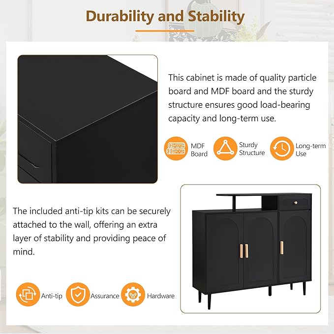 JIVOIT Shoe Cabinet with Adjustable Shelves and Drawer, Cream Style Storage Sideboard with Arched Doors, Solid Wood Legs, Wood Shoe Rack for Entryway, Living Room (Black,164)