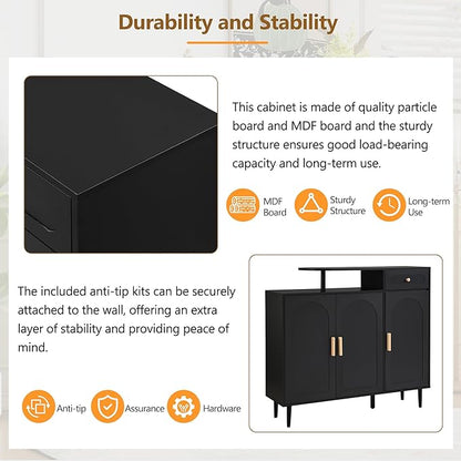 JIVOIT Shoe Cabinet with Adjustable Shelves and Drawer, Cream Style Storage Sideboard with Arched Doors, Solid Wood Legs, Wood Shoe Rack for Entryway, Living Room (Black,164)
