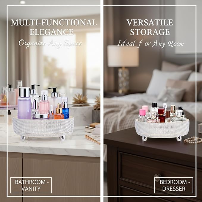 Rotating Bling Perfume Makeup Organizer, Rhinestone Cosmetic Display Cases with 2-Piece Set, 360° Spinning Bathroom Organizers for Countertop, Vanity Table | White