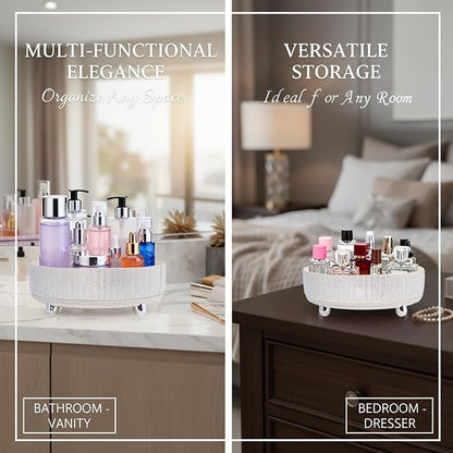 Rotating Bling Perfume Makeup Organizer, Rhinestone Cosmetic Display Cases with 2-Piece Set, 360° Spinning Bathroom Organizers for Countertop, Vanity Table | White