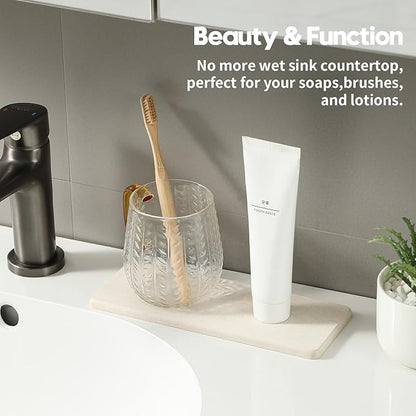 Razborci 3PCS Bathroom Sink Vanity Trays, Quick Stone Drying Mat Dish Soap Dispenser Sponge Holder for Kitchen Counter, Diatomaceous Earth Water Absorbing Caddy Organizer, Beige