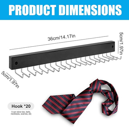 Tie Rack Hanger for Closet, Tie Rack, 14" Wall Mounted Belt Hanger with 20 Rotating Hooks, Hats Scarf Belt Organizer for Closet - Organizer for Men