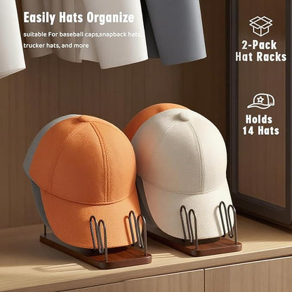 UdoUto Hat Organizer -2 PacK | Wood & Metal Hat Rack Holds 14 Caps | Space-Saving Closet Shelf Organizer for Bedroom, Dresser, Entryway