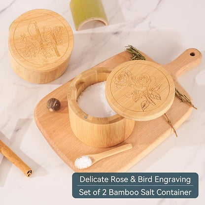 Timtopno Salt Cellar, 2PCS Salt Container Bamboo Salt and Pepper Box for Countertop with Built-in Spoon & Swivel Lid, Spice Seasoning Storage Bowl, Elegant Salt Holder (Rose & Bird Engraving)