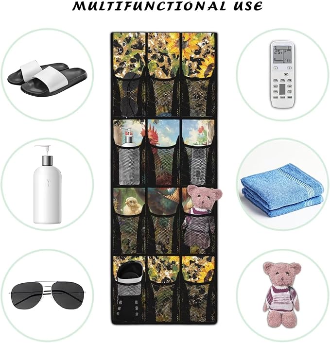Over The Door Storage Organizer Closet Door Hanging Organizer with 12 Mesh Pockets, Stuffed Animal Storage for Toys Sundries Organizers and Storage,Rooster Leopard