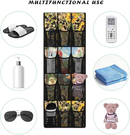 Over The Door Storage Organizer Closet Door Hanging Organizer with 12 Mesh Pockets, Stuffed Animal Storage for Toys Sundries Organizers and Storage,Rooster Leopard