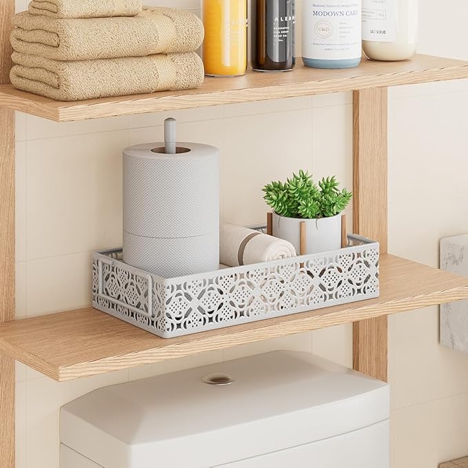 Toilet Tank Topper Paper Basket - White Bathroom Basket Decor Box with Magnetic Paper Towel Holder for Organizing