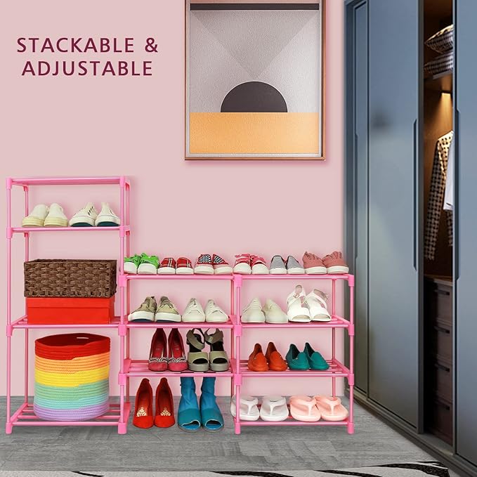 LNYZQUS 7-Tier Large Pink Shoe Rack, 24 -30 Pairs Tall Shoe Organizer Shelf, Kids Boots Stand Organizer For Garage Closet Entryway