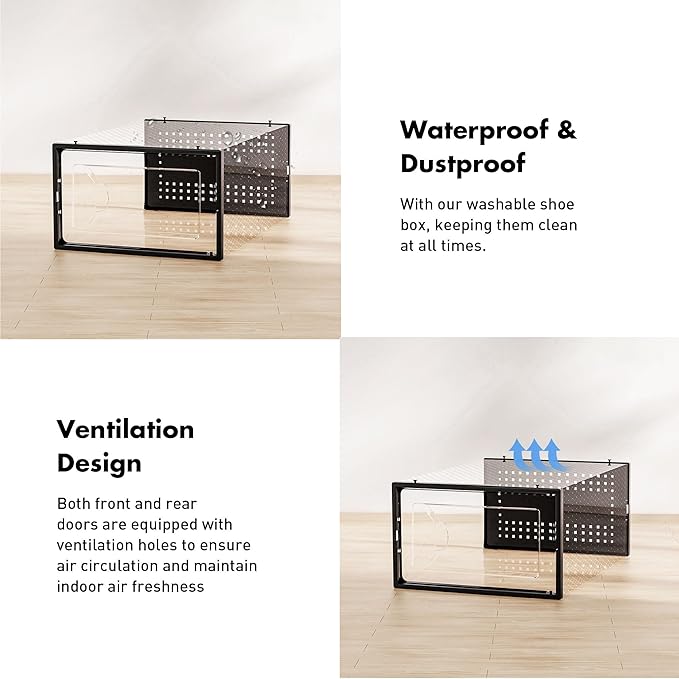 Foluck Shoe Storage Box, 15 Pack Clear Plastic Stackable Shoe Organizer for Closet, Interlocking Design for Sneakers, Foldable Shoes Container Rack with Lids, Black