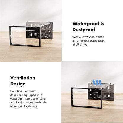 Foluck Shoe Storage Box, 15 Pack Clear Plastic Stackable Shoe Organizer for Closet, Interlocking Design for Sneakers, Foldable Shoes Container Rack with Lids, Black
