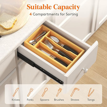 Lifewit Silverware Drawer Organizer, Expandable Utensil Tray for Kitchen, Flatware and Cutlery Holder, Wood Adjustable Storage for Spoons Forks Knives, 6.9 x 12.8, Natural