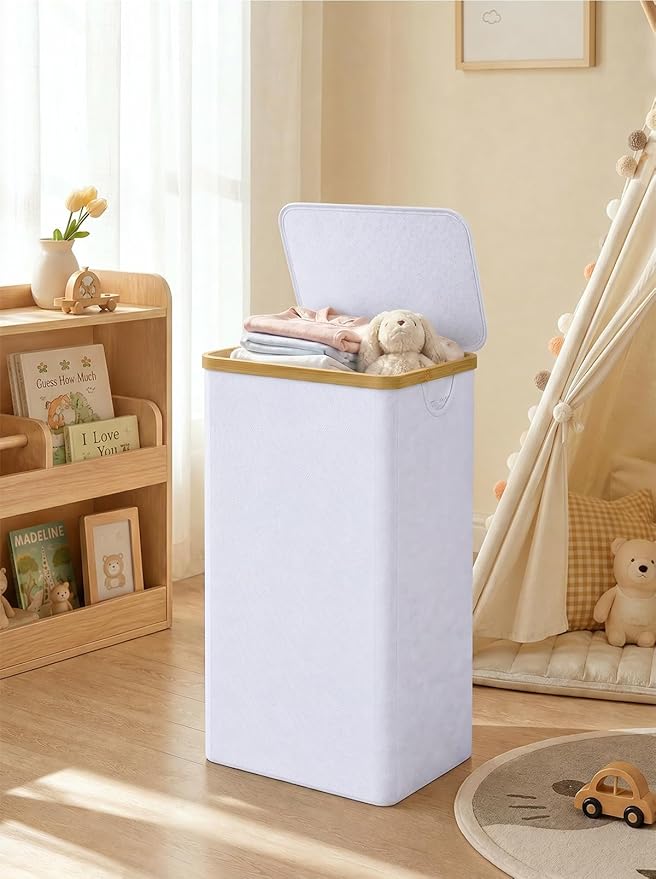 iEGrow 110L Laundry Hamper with Lid，Dirty Clothes Hampers for Laundry,Laundry Basket with Bamboo Handles and Removable Bag,Hamper for Bedroom, Bathroom, Dorm, Laundry Room, White