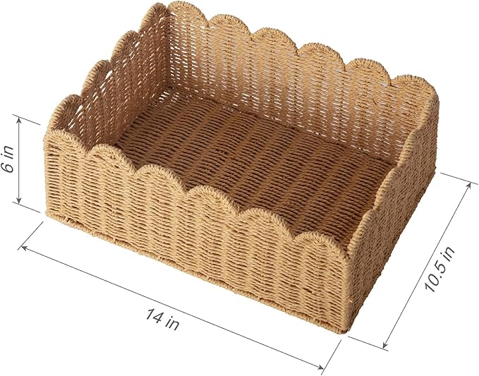 Scalloped Basket, Wicker Storage Baskets, Hand Woven Baskets for Shelves,Natural Baskets for Organizing (M-14" L x 10.5" W x 6" H)