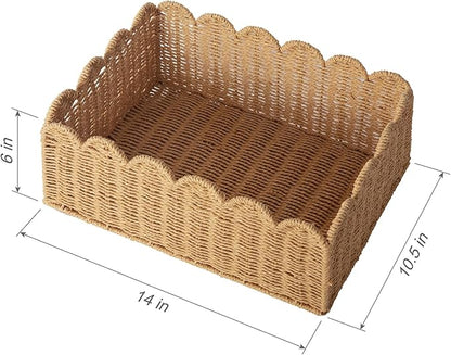 Scalloped Basket, Wicker Storage Baskets, Hand Woven Baskets for Shelves,Natural Baskets for Organizing (M-14" L x 10.5" W x 6" H)