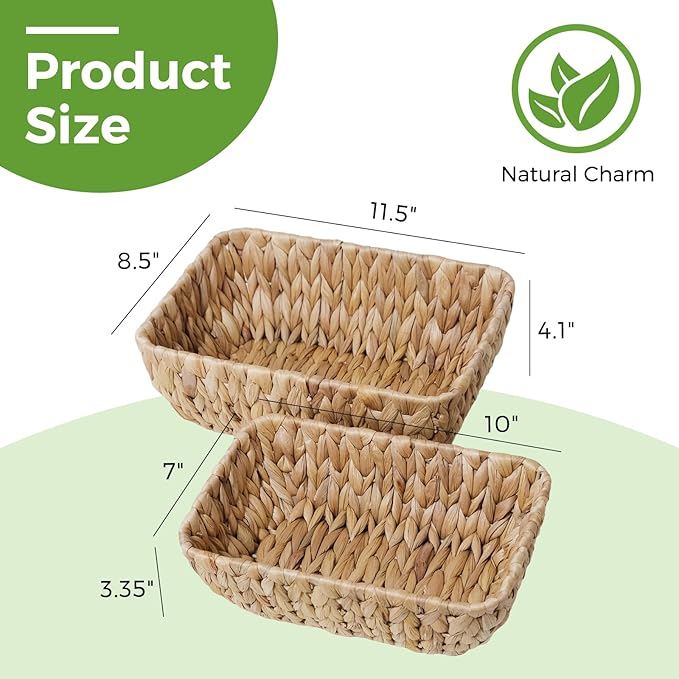 2 Pack Small Wicker Storage Baskets, Water Hyacinth Basket for Organizing Shelves, Natural Woven Storage Baskets for Snack, Gift