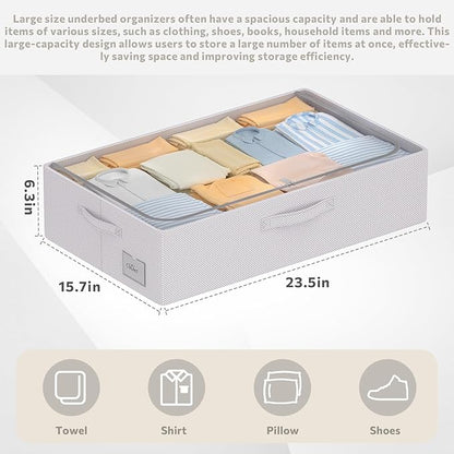 CYhom 3Pcs Under Bed Storage Bins with Metal Frame - Shoe Organizer for Closet with Clear Cover Oxford Fabric Sturdy Underbed Container Foldable Stackable Clothes Organizer (Grey, 23.5x15.7x6.3)
