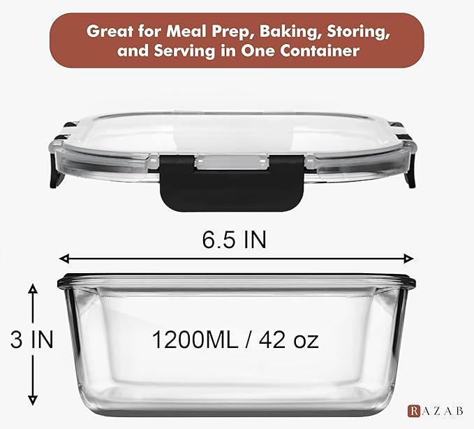 Razab 2 PC 1200ML / 41 Oz Glass Food Storage Containers with Lids - Airtight & Leakproof - Microwave/Oven/Freezer Safe - BPA Free - Ideal for Meal Prep, Storing Leftover & Lunch