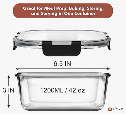 Razab 2 PC 1200ML / 41 Oz Glass Food Storage Containers with Lids - Airtight & Leakproof - Microwave/Oven/Freezer Safe - BPA Free - Ideal for Meal Prep, Storing Leftover & Lunch