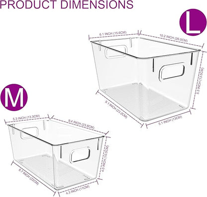 4 PCS Clear Plastic Storage Bins, Mixed Size (2 Large + 2 M) Pantry Organizer Containers with Easy-Grip Handles for Refrigerator, Kitchen, Cabinets, Countertops & Home Organization