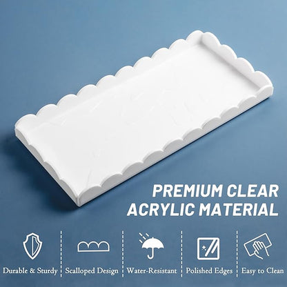2 Pack Scalloped White Acrylic Bathroom Vanity Tray for Counter Clear Acrylic Trays for Organizing Perfume Sponge Soap Makeup Storage Holder Toilet Tray ( White ,Large: 11"L x 5"W + Middle: 8"L x 4"W)