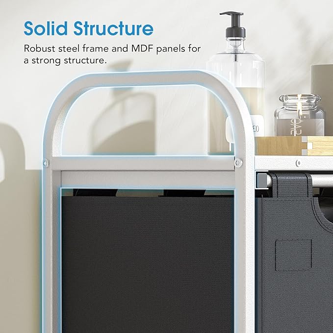 Yecaye Laundry Sorter 3 Section, Laundry Hamper with Shelf and 1 Drawer, 35.7Gal(135L) Clothes Basket Organizer, Pull-Out and Removable Oxford Fabric Laundry Bags for Laundry Room, Bedroom, Bathroom