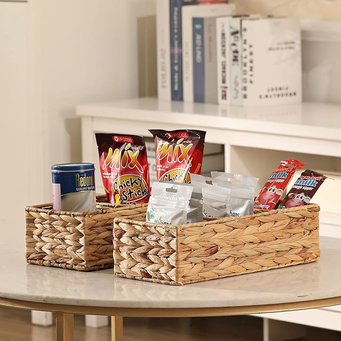 Vagusicc 3 Section Wicker Storage Basket, Hand-Woven Water Hyacinth Storage Baskets, Wicker Baskets for Storage, Toilet Paper Basket for Toilet Tank Top, Small Baskets for Organizing Shelves, 2-Pack