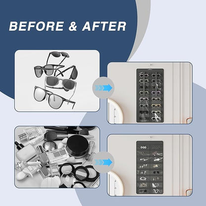 Hanging Sunglasses Organizer and Storage, Dual-Sided Sunglasses Case and Jewelry Holder, Wall-Mounted, 32 Clear Slots, Dust-Proof, Roof Design for Travel, Dark Gray