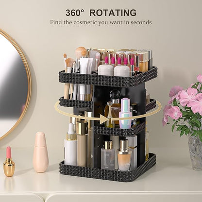 Rotating Makeup Organizer with Makeup Brush Holder,Large Capacity Perfume Organizer for Vanity Countertop,Acrylic Skincare Organizers Spinning Holder Storage Rack (Black)