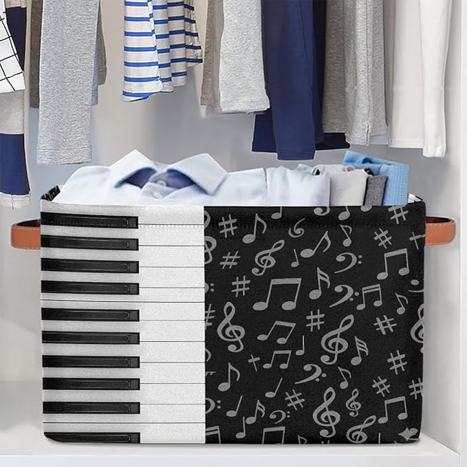 AUUXVA Storage Basket Piano Keyboard Music Note Storage Cube Box Durable Canvas Collapsible Toy Basket Organizer Bin with Handles for Shelf Closet Bedroom Home Office