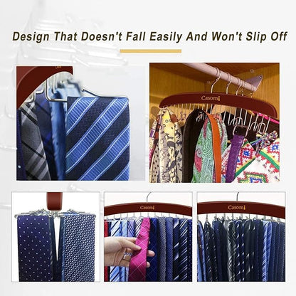 Tie Rack,24 Hook Tie Holder,360° Rotating,Foldable Metal Hooks,Tie Hanger Organizer for Closet Wooden Belt Storage Rack for Men Ties Belts Scarves Accessories(Red Brown)