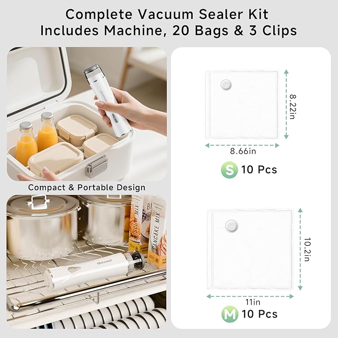Mehomeli Compact Vacuum Sealer for Food (Vacuum Sealer Machine + 20 Reusable Vacuum Bags), Powerful Handheld Vacuum Sealer Machine, Seal Food 6X Fresh Longer, Portable & Wireless, Easy-Clean