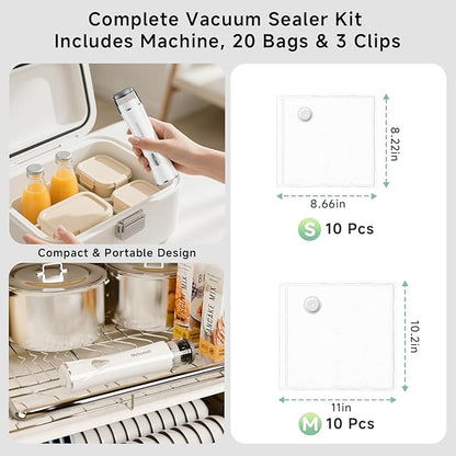 Mehomeli Compact Vacuum Sealer for Food (Vacuum Sealer Machine + 20 Reusable Vacuum Bags), Powerful Handheld Vacuum Sealer Machine, Seal Food 6X Fresh Longer, Portable & Wireless, Easy-Clean