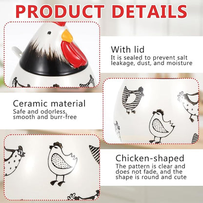 Ceramic Salt Cellar, 15.8 oz Chicken Shaped Salt Cellar with Lid and Spoon – Airtight Countertop Decor Container, Food-Grade Seasoning Holder for Spices/Sugar/Pepper Storage(Black)