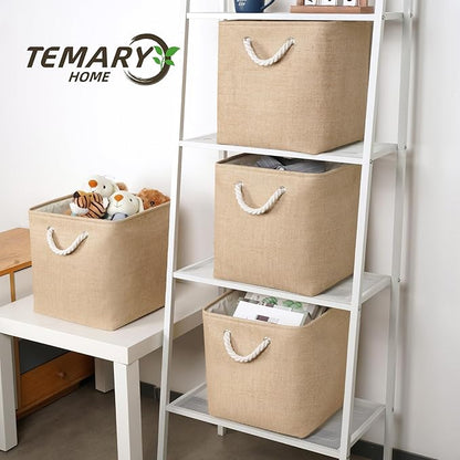 Temary Storage Baskets for Shelves 13 Inch Baskets for Gifts Empty, 4 Pack Shelf Baskets Decorative Storage Baskets Cube Collapsible Storage Bins Cubes with Handles for Storage (Linen Yellow)
