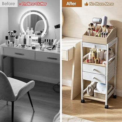 Luxspire Makeup Organizer Cart, Floor Skincare Organizers, Makeup Storage with Drawers, Vanity Organizer Cosmetics Display Cases Holder for Skin Care, Perfume, Makeup Brush, Hair Tool, Wood & White